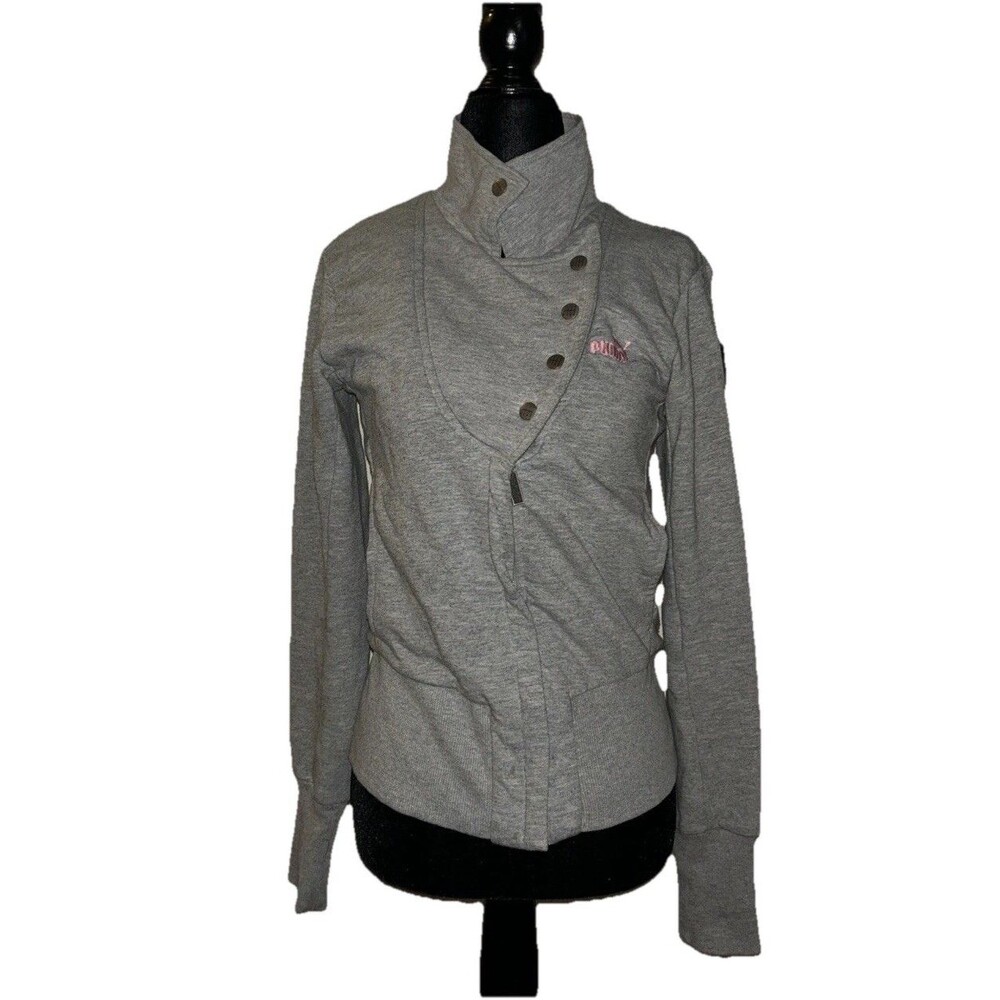 PUMA Scuderia Ferrari F1 Womens Gray Asymmetric Moto Sweatshirt Jacket Pink Sz M